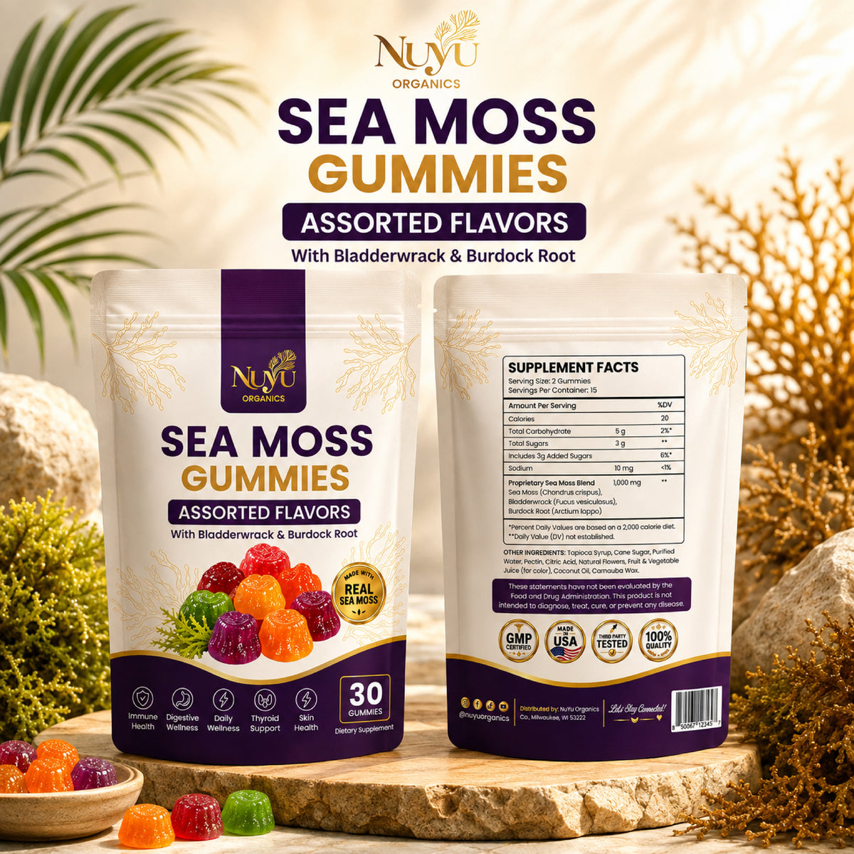 NuYu Organics Assorted Sea Moss Gummies | Berry, Pineapple, Soursop & Passion Fruit, Vegan