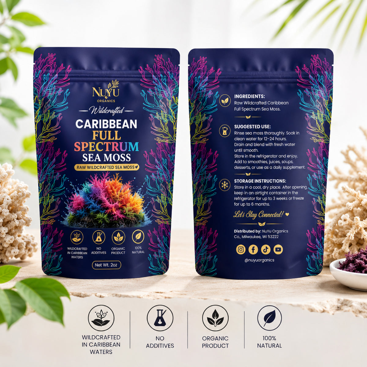 NuYu Organics Full Spectrum Sea Moss Raw Blend | Gold, Purple & Green, 92 Minerals
