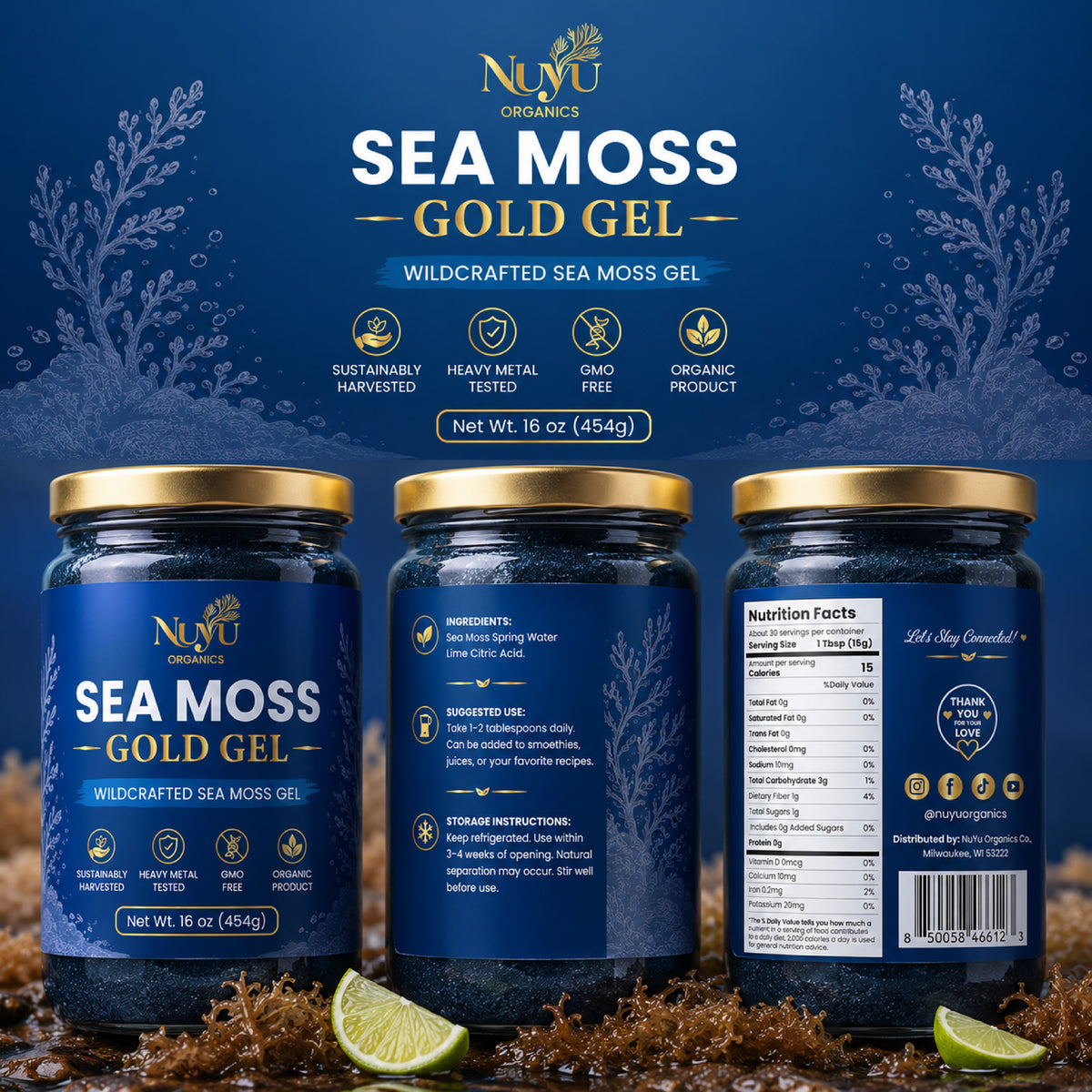 NuYu Organics Gold Sea Moss Gel Ready-to-Use | Wildcrafted Sea Moss, Spring Water, Vitamin C