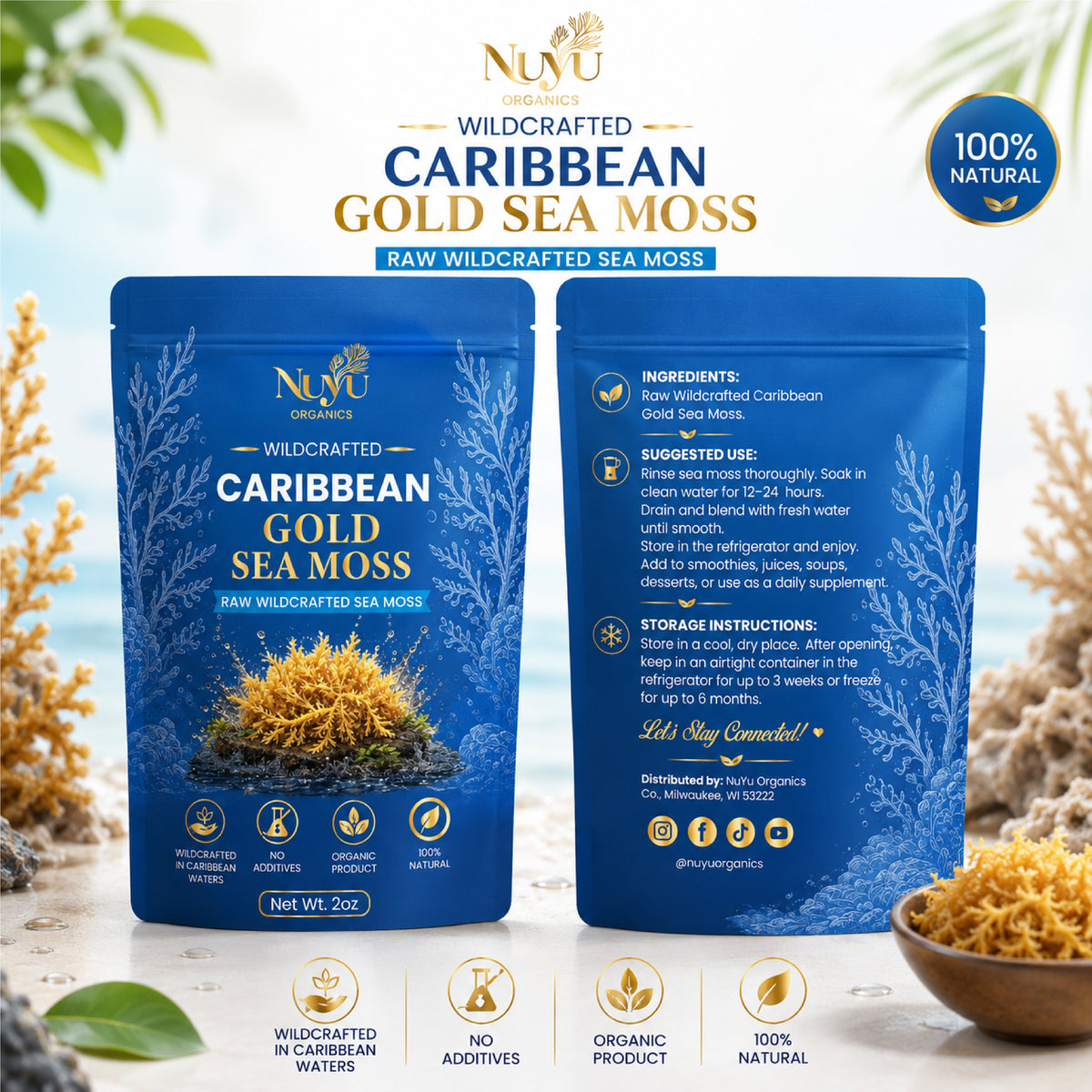 NuYu Organics Wildcrafted Gold Sea Moss Raw | St. Lucia Grown, 92 Minerals, Vegan