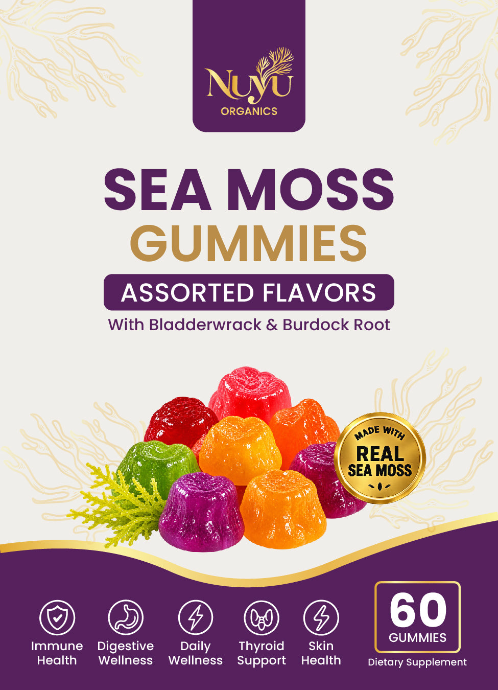 NuYu Organics Assorted Sea Moss Gummies | Berry, Pineapple, Soursop & Passion Fruit, Vegan