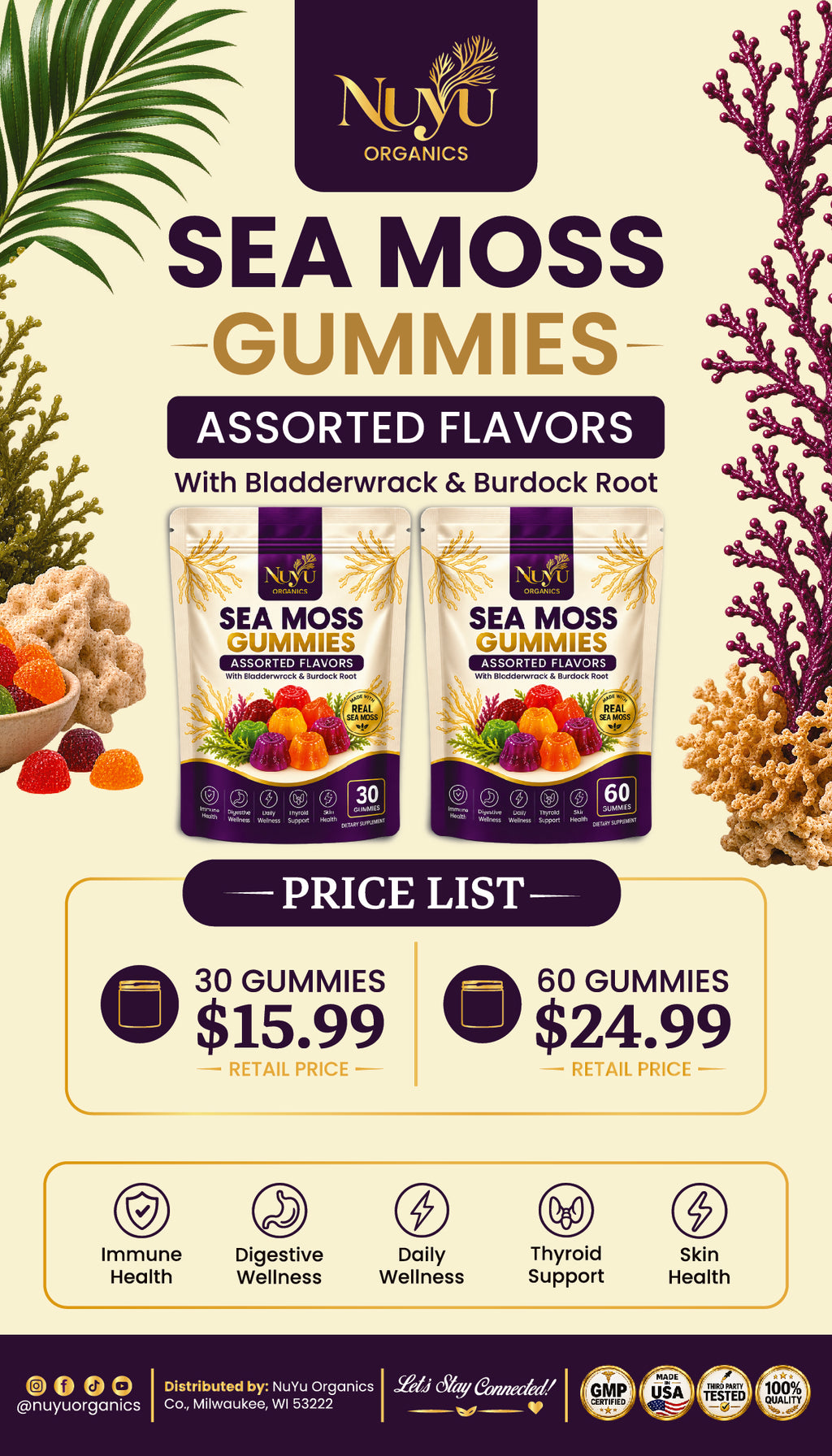 NuYu Organics Berry Sea Moss Gummies | Bladderwrack & Burdock Root, Vegan, Gelatin-Free