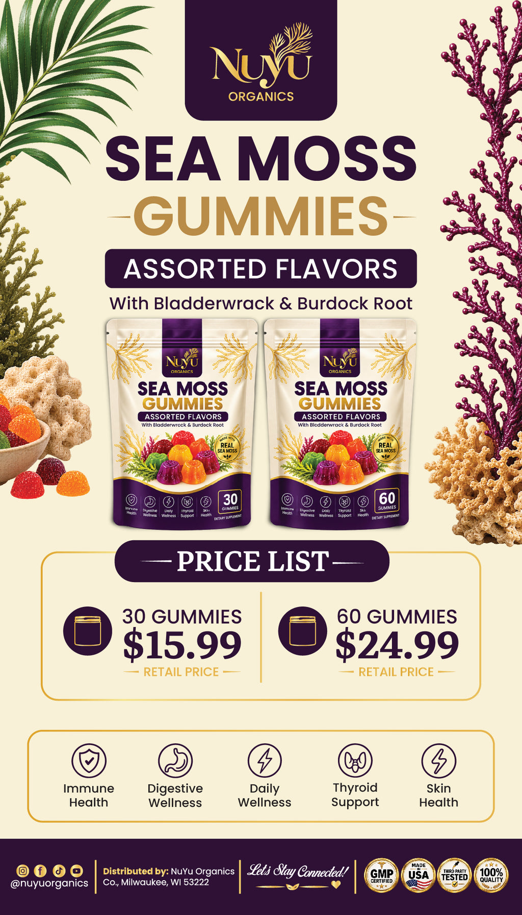 NuYu Organics Assorted Sea Moss Gummies | Berry, Pineapple, Soursop & Passion Fruit, Vegan