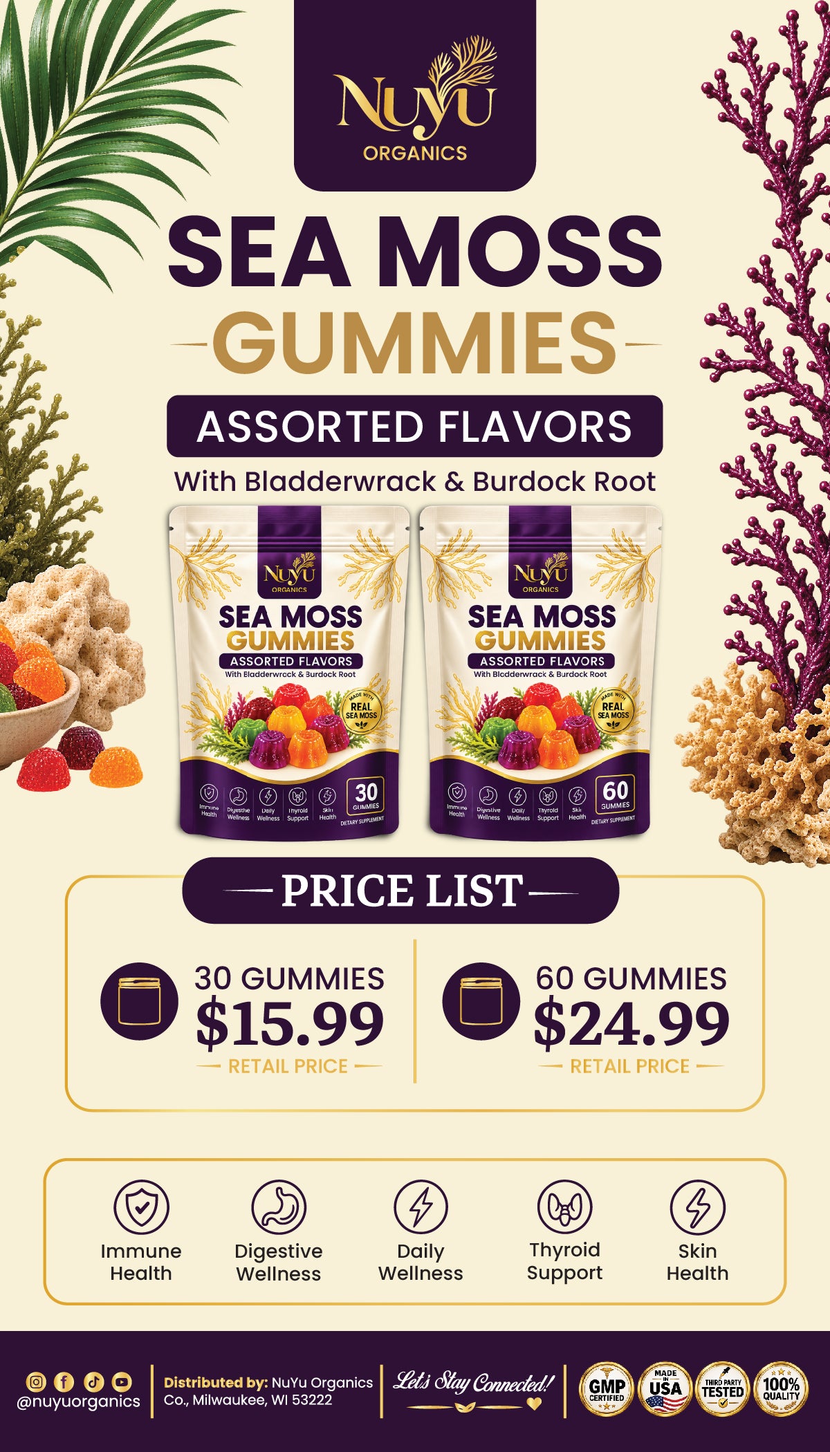 NuYu Organics Assorted Sea Moss Gummies | Berry, Pineapple, Soursop & Passion Fruit, Vegan