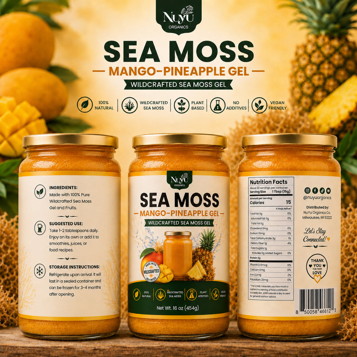NuYu Organics Mango Pineapple Sea Moss Gel Fruit Infused | Monk Fruit, Zero Added Sugar