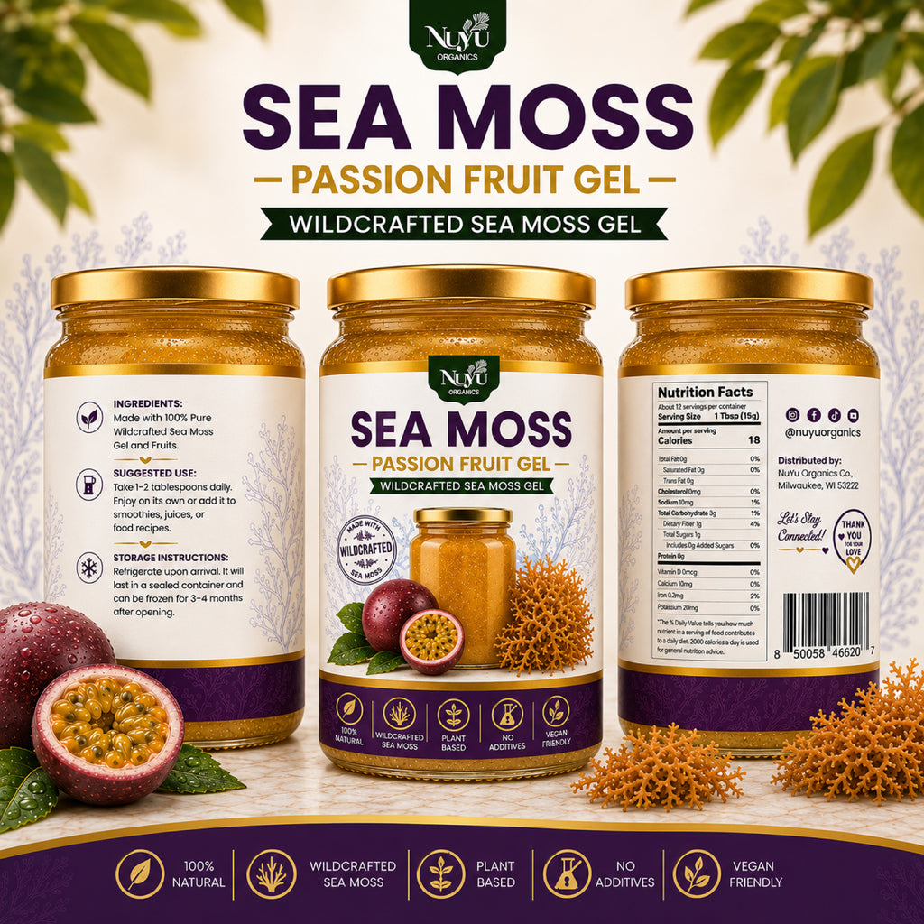 NuYu Organics Passion Fruit Sea Moss Gel Fruit Infused | Monk Fruit, Vegan, No Added Sugar