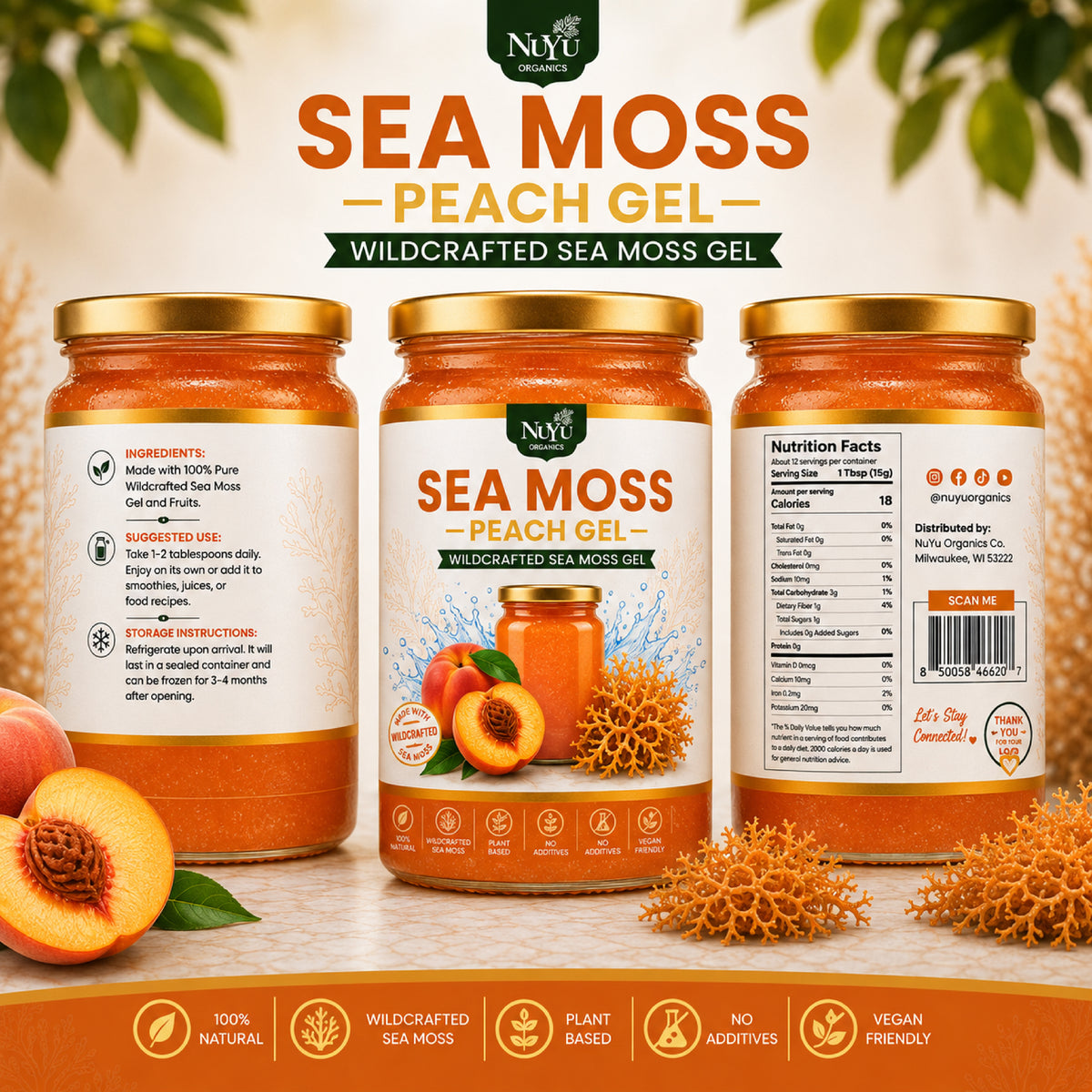 NuYu Organics Peach Sea Moss Gel Fruit Infused | Monk Fruit Sweetened, Zero Added Sugar