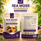 NuYu Organics Passion Fruit Sea Moss Gummies | Bladderwrack & Burdock Root, Vegan