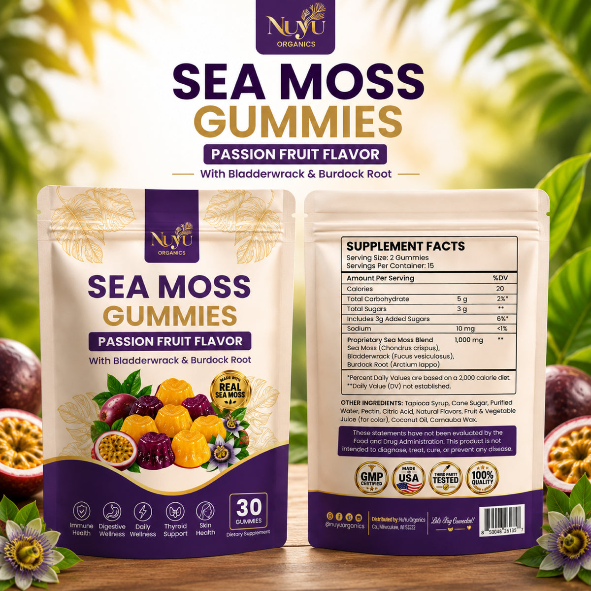 NuYu Organics Passion Fruit Sea Moss Gummies | Bladderwrack & Burdock Root, Vegan