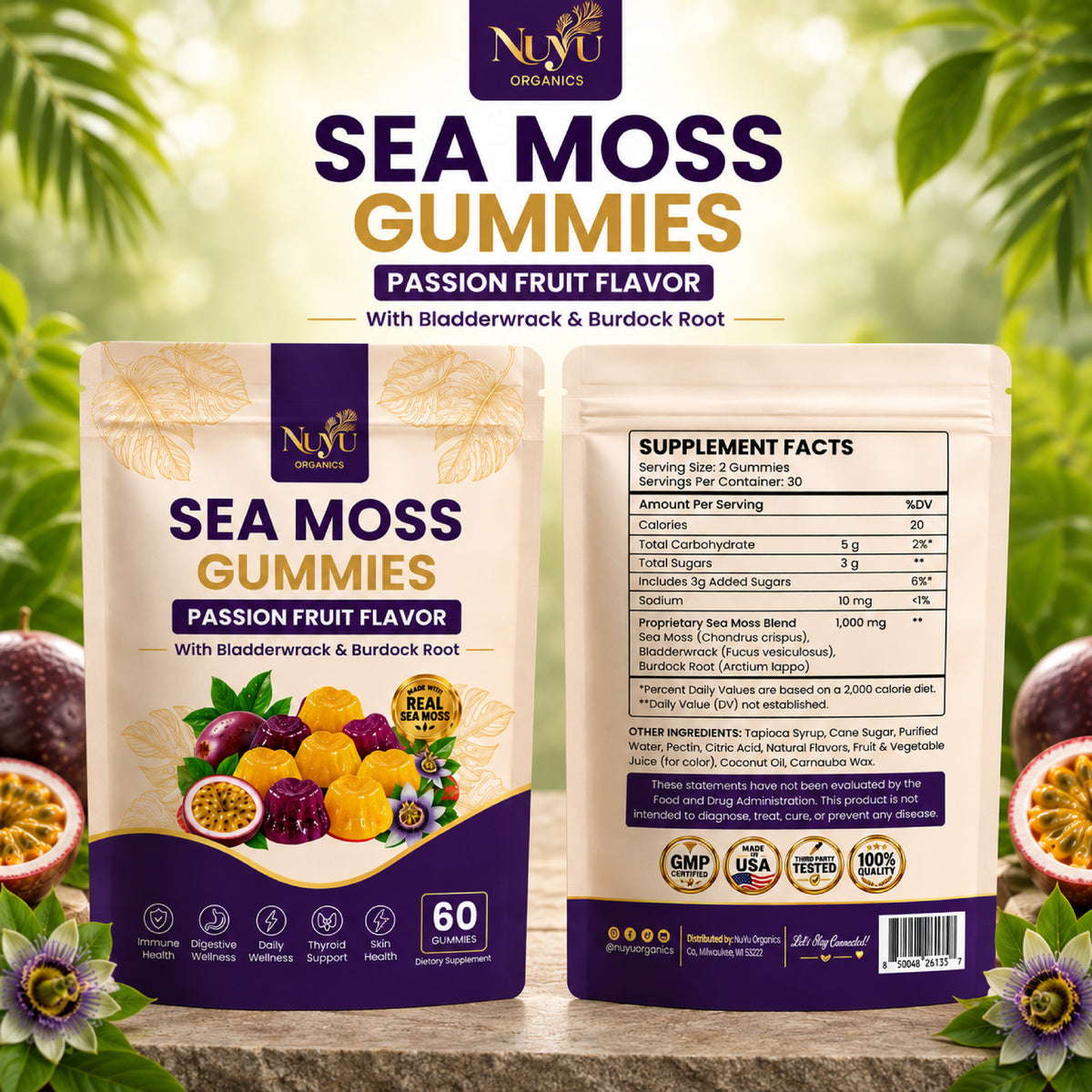 NuYu Organics Passion Fruit Sea Moss Gummies | Bladderwrack & Burdock Root, Vegan