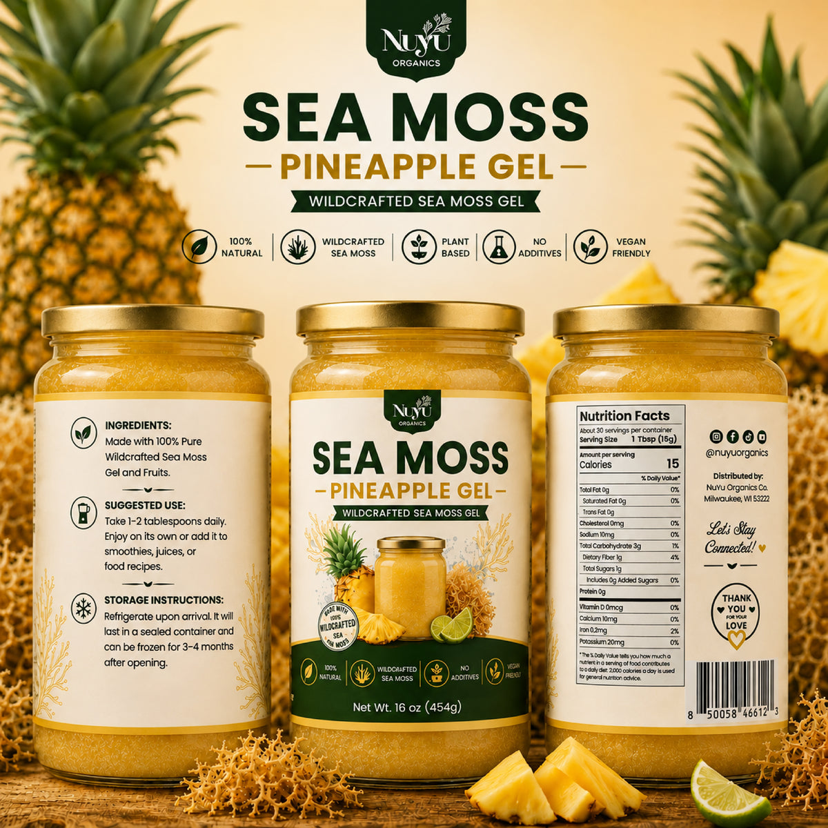 NuYu Organics Pineapple Sea Moss Gel Fruit Infused | No Added Sugar, Vegan, Gluten-Free