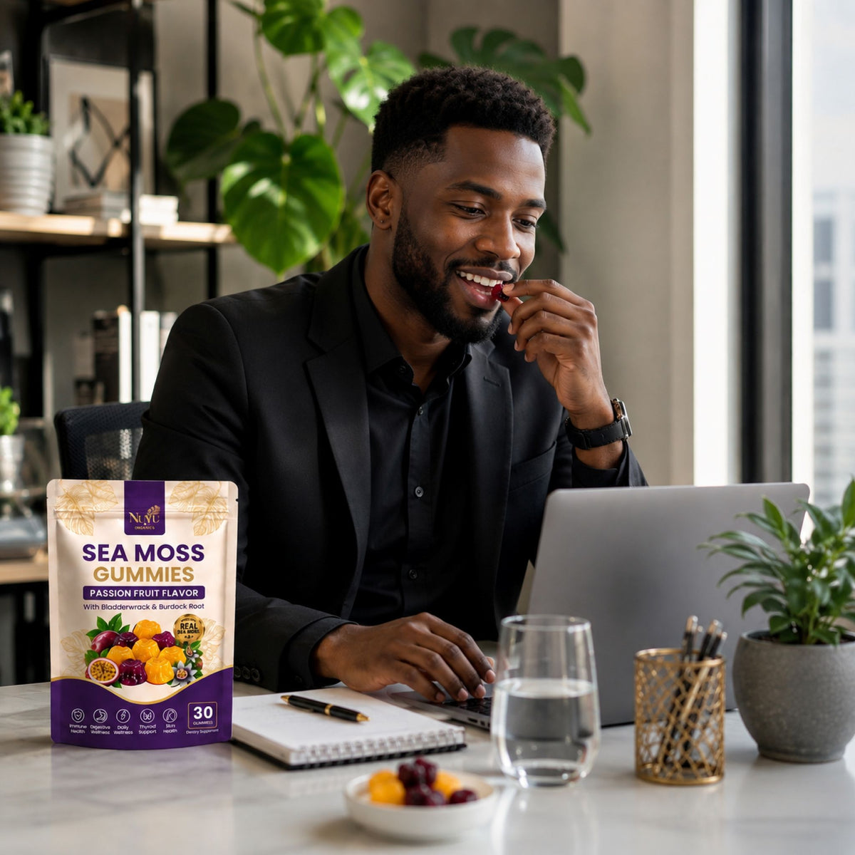NuYu Organics Passion Fruit Sea Moss Gummies | Bladderwrack & Burdock Root, Vegan